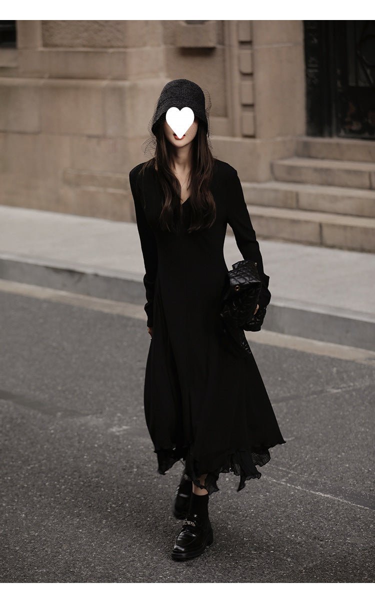 French V-neck Knitted Long-sleeved dress Women's Autumn and Winter New Matching Coat High-grade Chanel-style Irregular Long Dress - Cozy & Co. Market