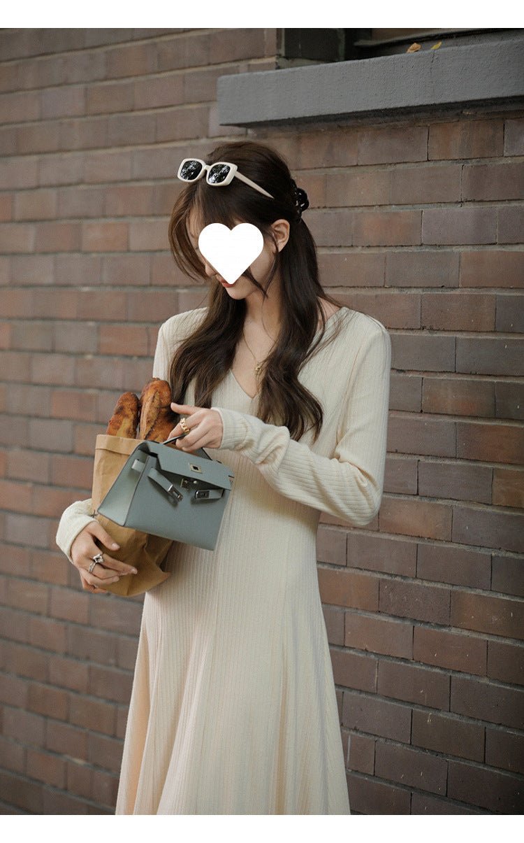 French V-neck Knitted Long-sleeved dress Women's Autumn and Winter New Matching Coat High-grade Chanel-style Irregular Long Dress - Cozy & Co. Market