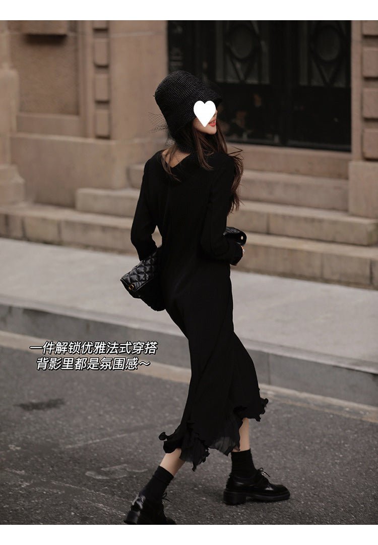 French V-neck Knitted Long-sleeved dress Women's Autumn and Winter New Matching Coat High-grade Chanel-style Irregular Long Dress - Cozy & Co. Market