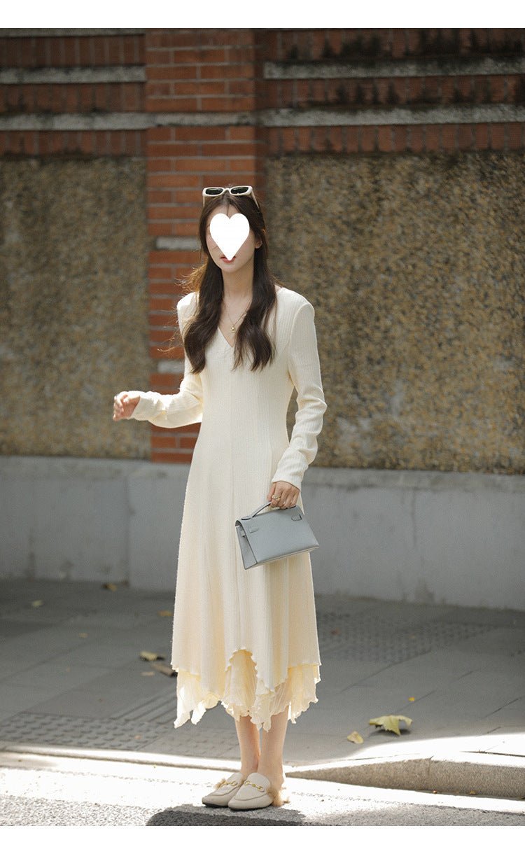 French V-neck Knitted Long-sleeved dress Women's Autumn and Winter New Matching Coat High-grade Chanel-style Irregular Long Dress - Cozy & Co. Market