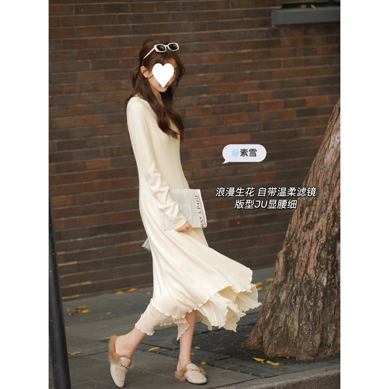 French V-neck Knitted Long-sleeved dress Women's Autumn and Winter New Matching Coat High-grade Chanel-style Irregular Long Dress - Cozy & Co. Market