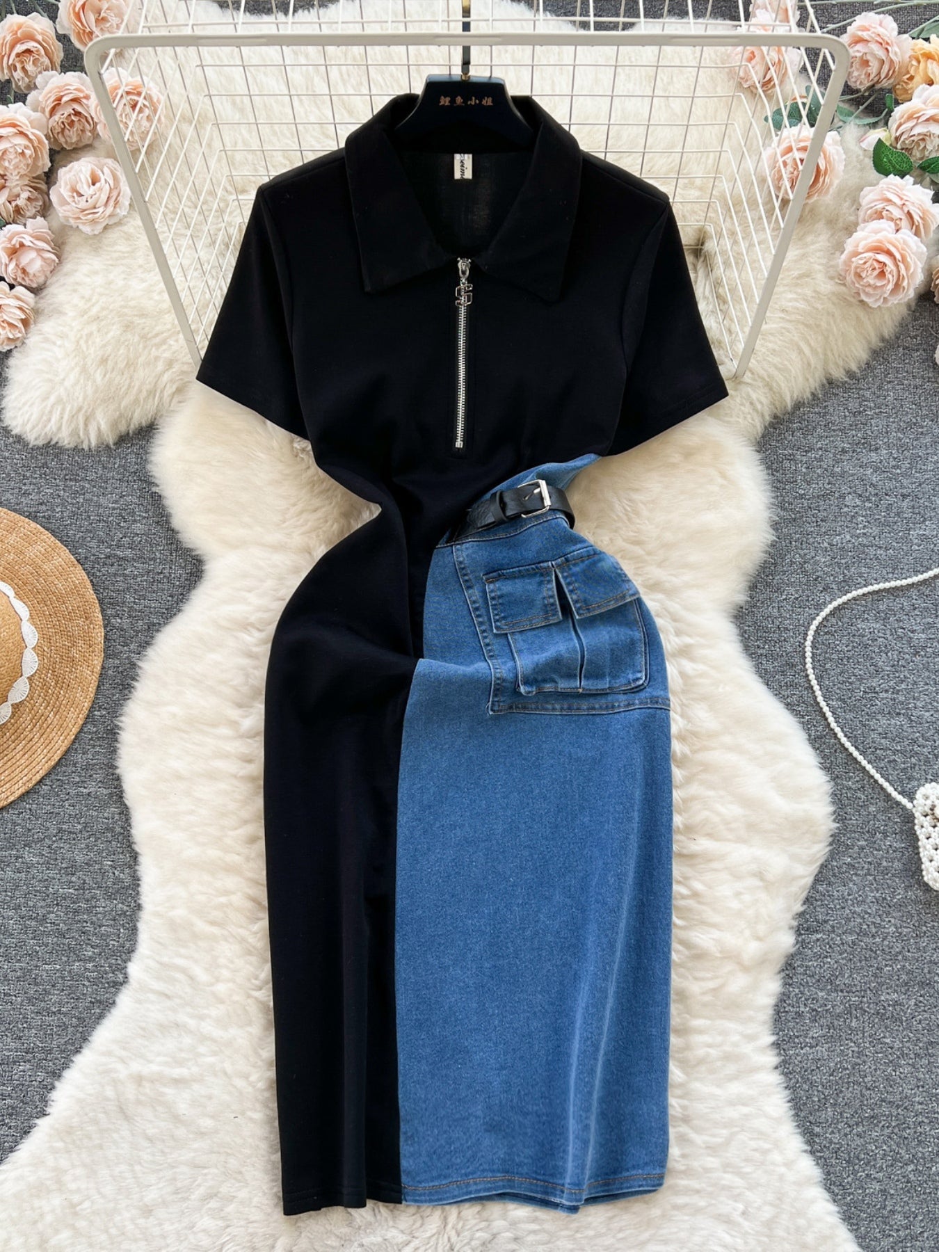 Full Size Color Block Denim Patchwork Short Sleeve Midi Dress Plus Size - Cozy & Co. Market