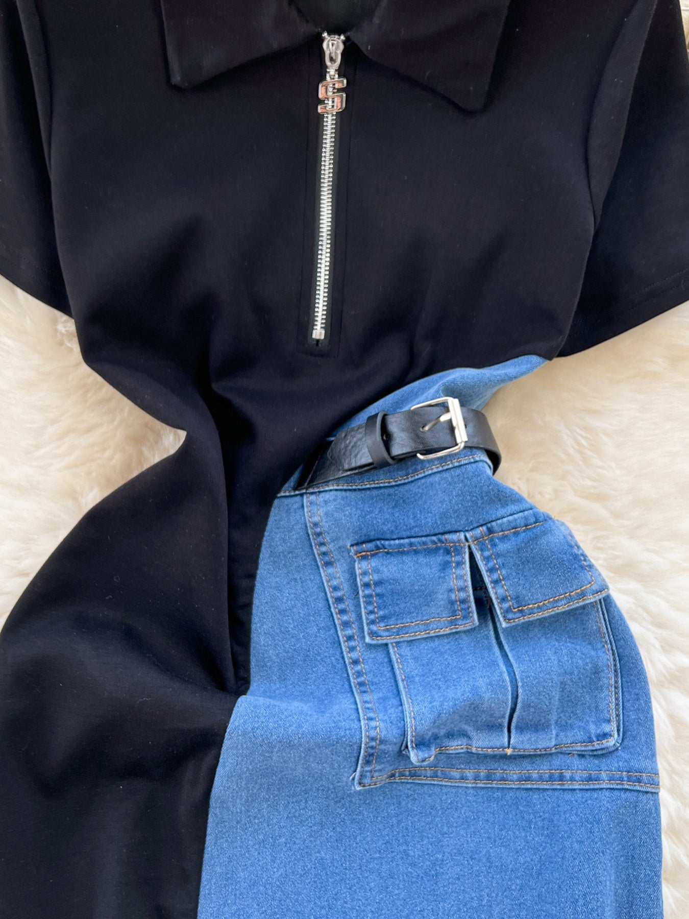 Full Size Color Block Denim Patchwork Short Sleeve Midi Dress Plus Size - Cozy & Co. Market