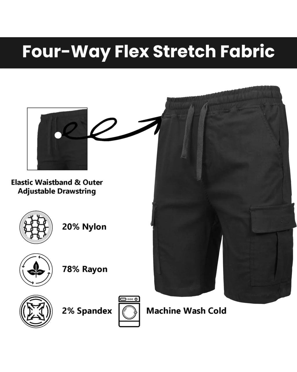 Galaxy Mens Solid Casual Everyday Explorer Cargo Shorts Ultra-Flex Comfort Mid Eco-Friendly Canvas Drawstring Closure Smart Back - Cozy & Co. Market