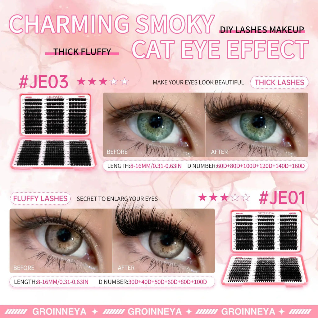 GROINNEYA Lashes Cluster DIY Lash Extension Mixed Tray Clusters Eyelashes Fluffy Volume Individual Lashes Cat Eye Lash Extension - Cozy & Co. Market