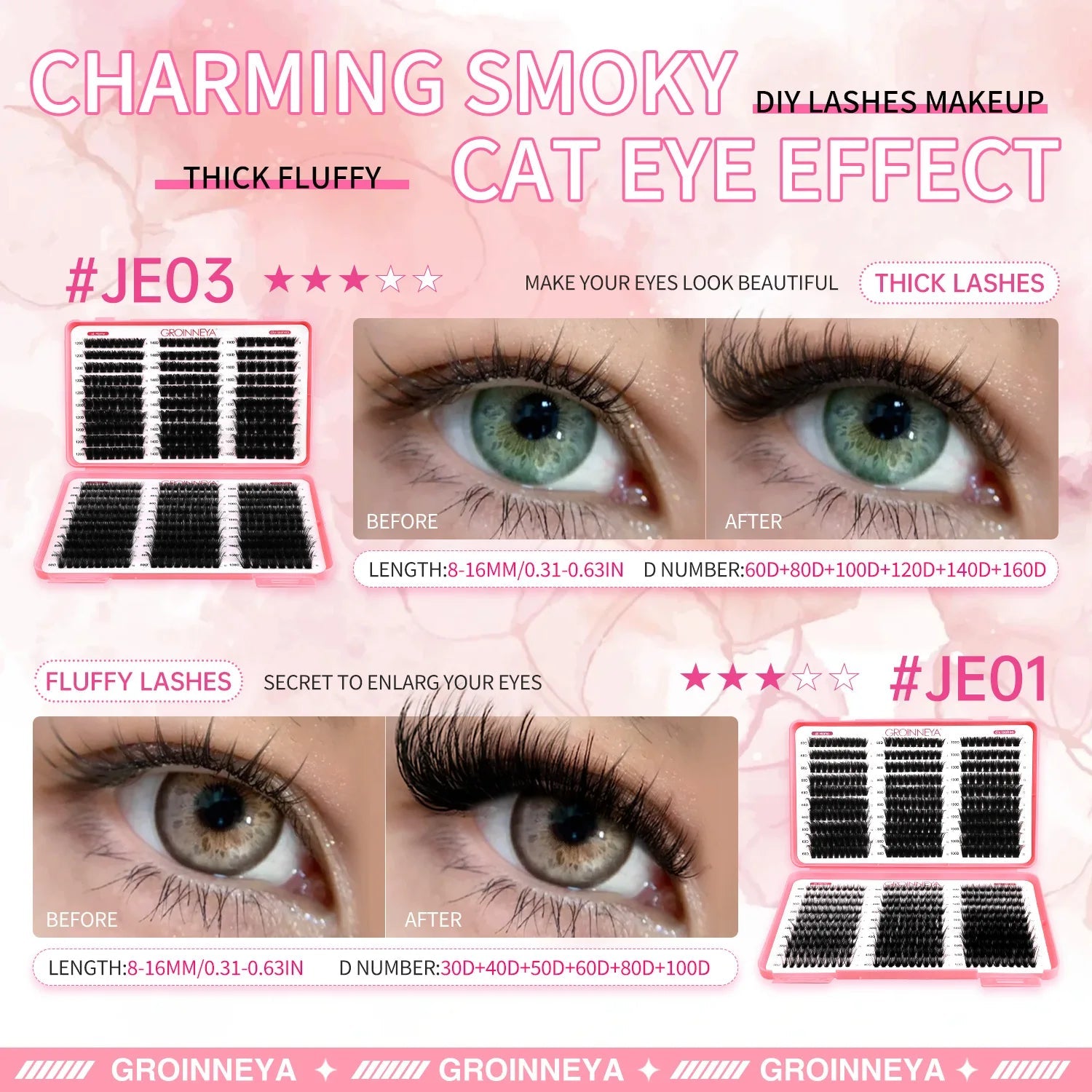 GROINNEYA Lashes Cluster DIY Lash Extension Mixed Tray Clusters Eyelashes Fluffy Volume Individual Lashes Cat Eye Lash Extension - Cozy & Co. Market