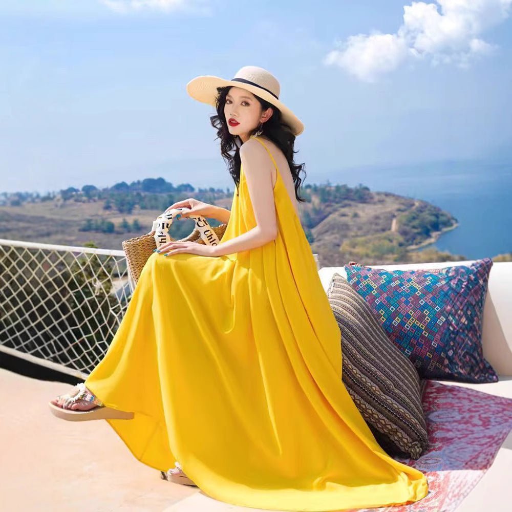 Hainan Sanya Photo Beach Dress Women's Summer Super Fairy Backless Long Dress Seaside Holiday Yellow dress - Cozy & Co. Market