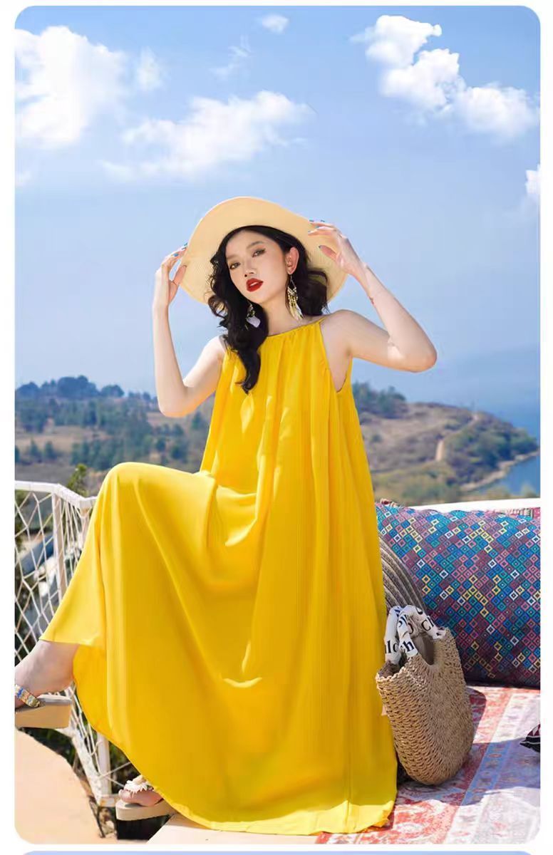 Hainan Sanya Photo Beach Dress Women's Summer Super Fairy Backless Long Dress Seaside Holiday Yellow dress - Cozy & Co. Market