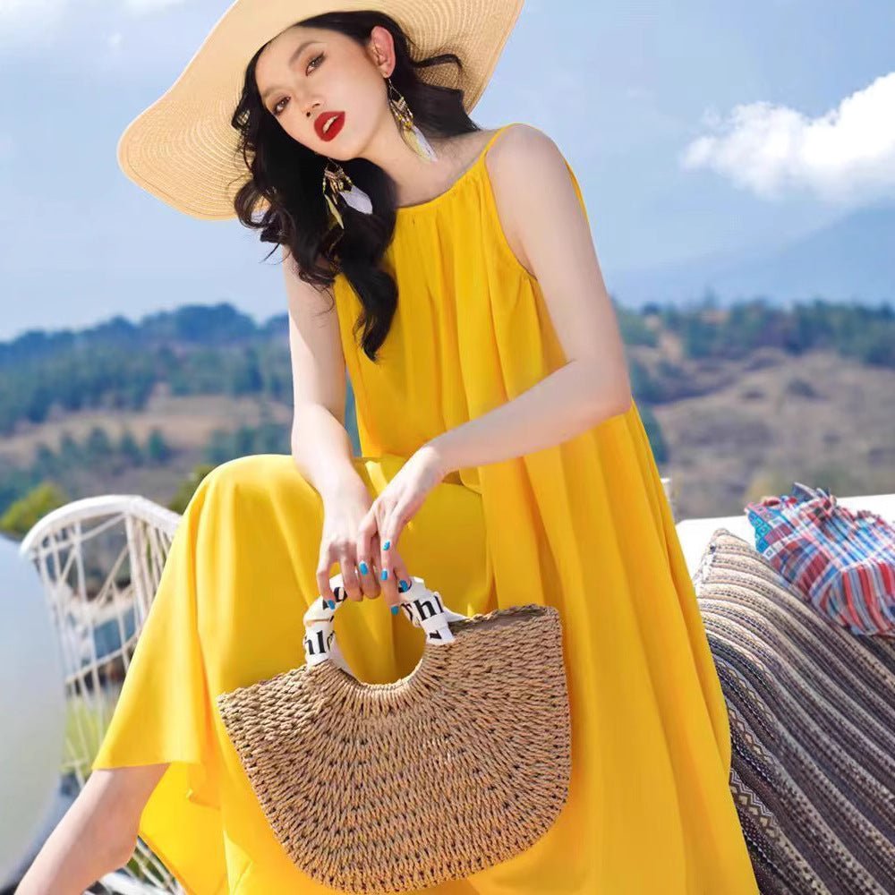 Hainan Sanya Photo Beach Dress Women's Summer Super Fairy Backless Long Dress Seaside Holiday Yellow dress - Cozy & Co. Market