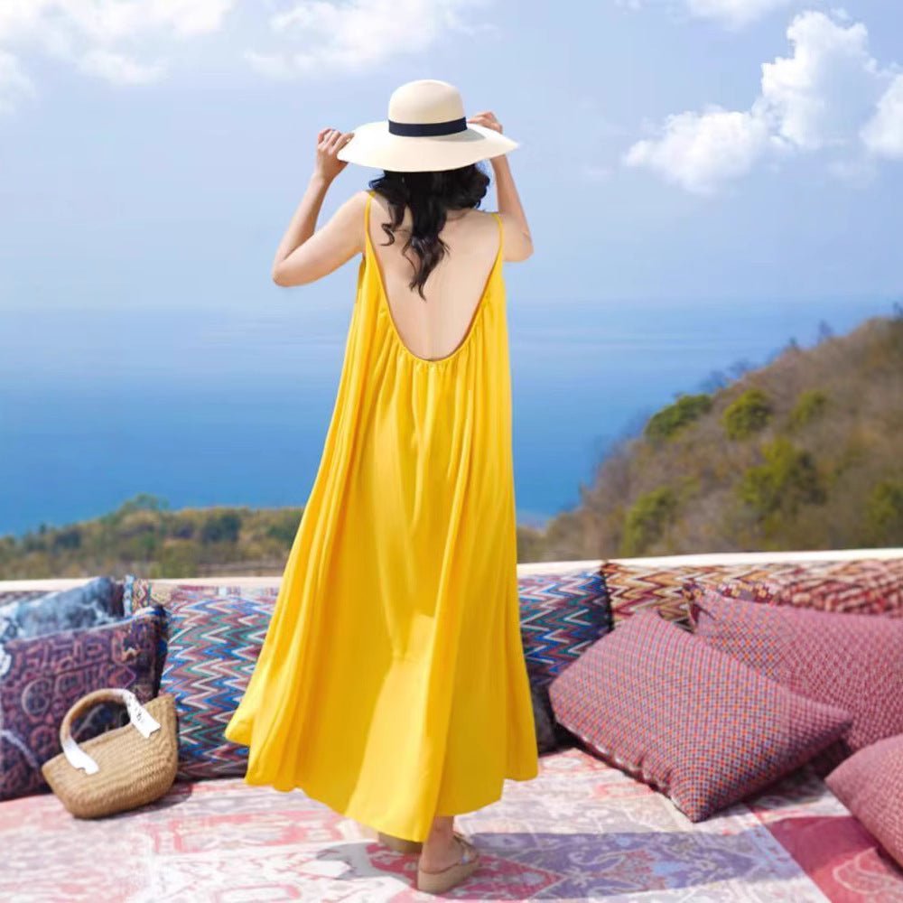 Hainan Sanya Photo Beach Dress Women's Summer Super Fairy Backless Long Dress Seaside Holiday Yellow dress - Cozy & Co. Market