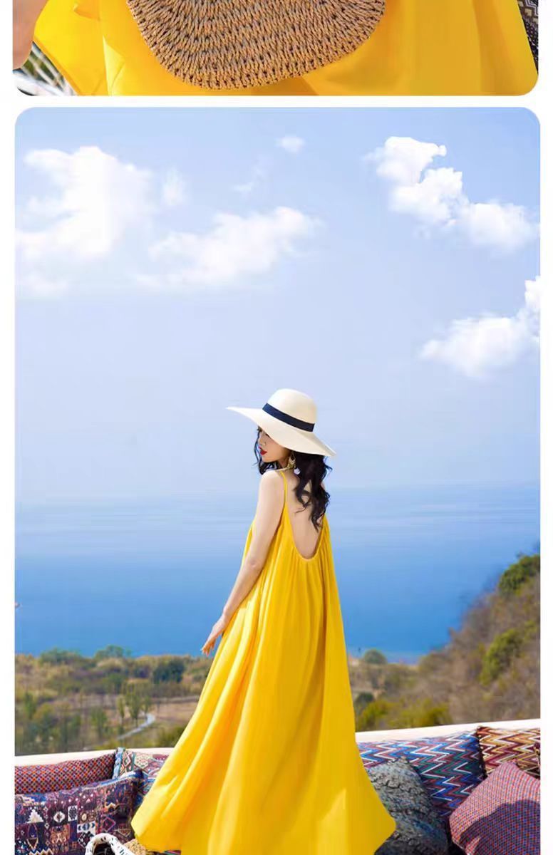 Hainan Sanya Photo Beach Dress Women's Summer Super Fairy Backless Long Dress Seaside Holiday Yellow dress - Cozy & Co. Market