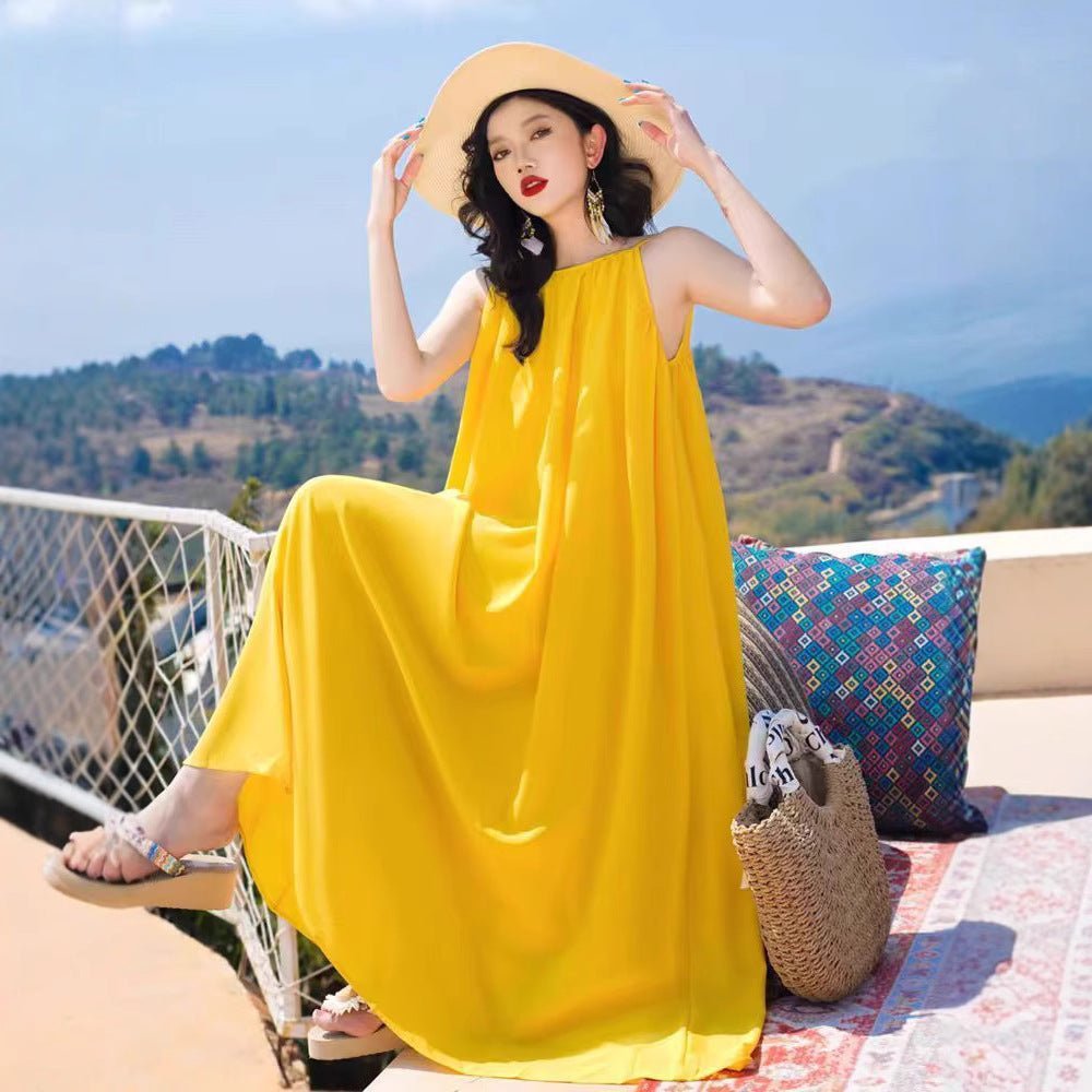 Hainan Sanya Photo Beach Dress Women's Summer Super Fairy Backless Long Dress Seaside Holiday Yellow dress - Cozy & Co. Market