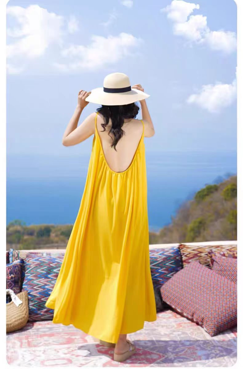 Hainan Sanya Photo Beach Dress Women's Summer Super Fairy Backless Long Dress Seaside Holiday Yellow dress - Cozy & Co. Market