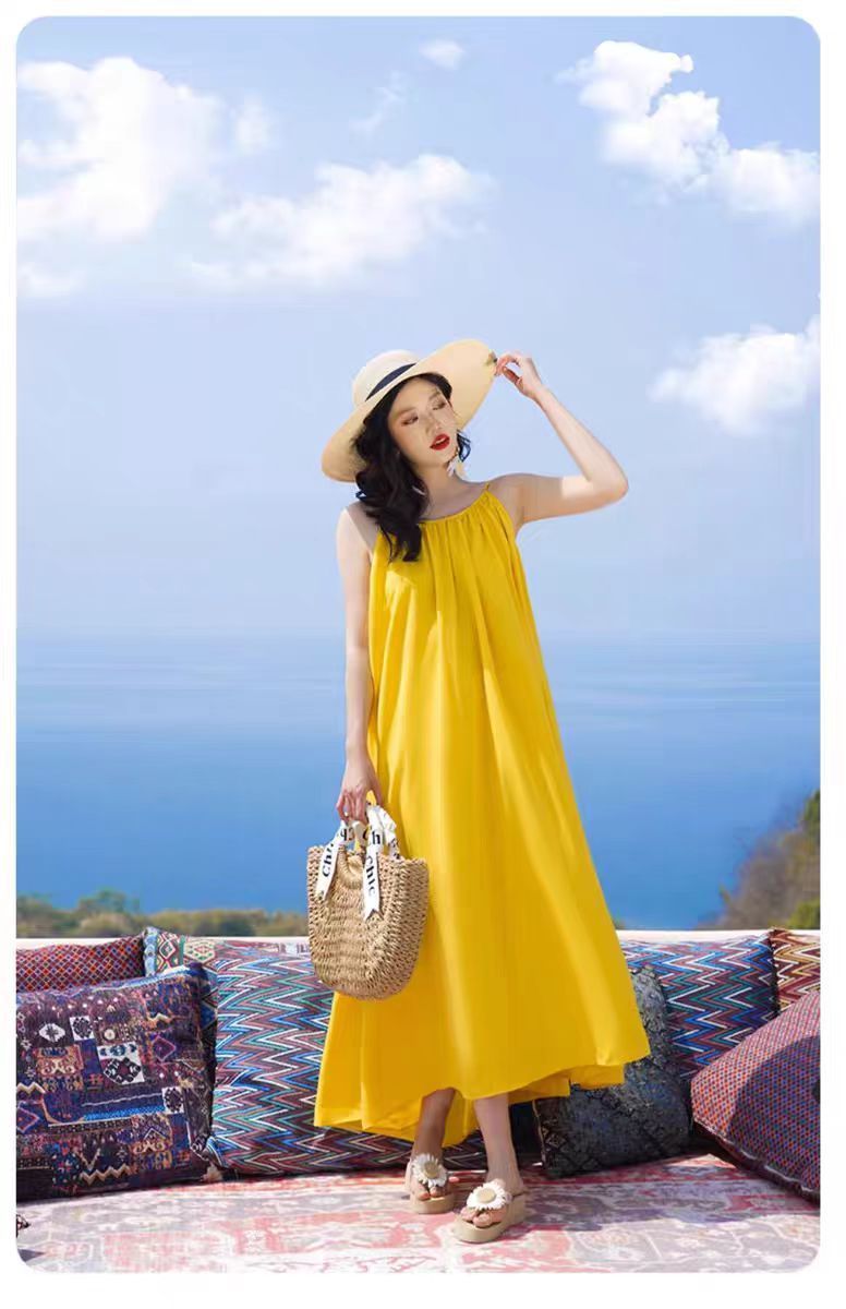 Hainan Sanya Photo Beach Dress Women's Summer Super Fairy Backless Long Dress Seaside Holiday Yellow dress - Cozy & Co. Market