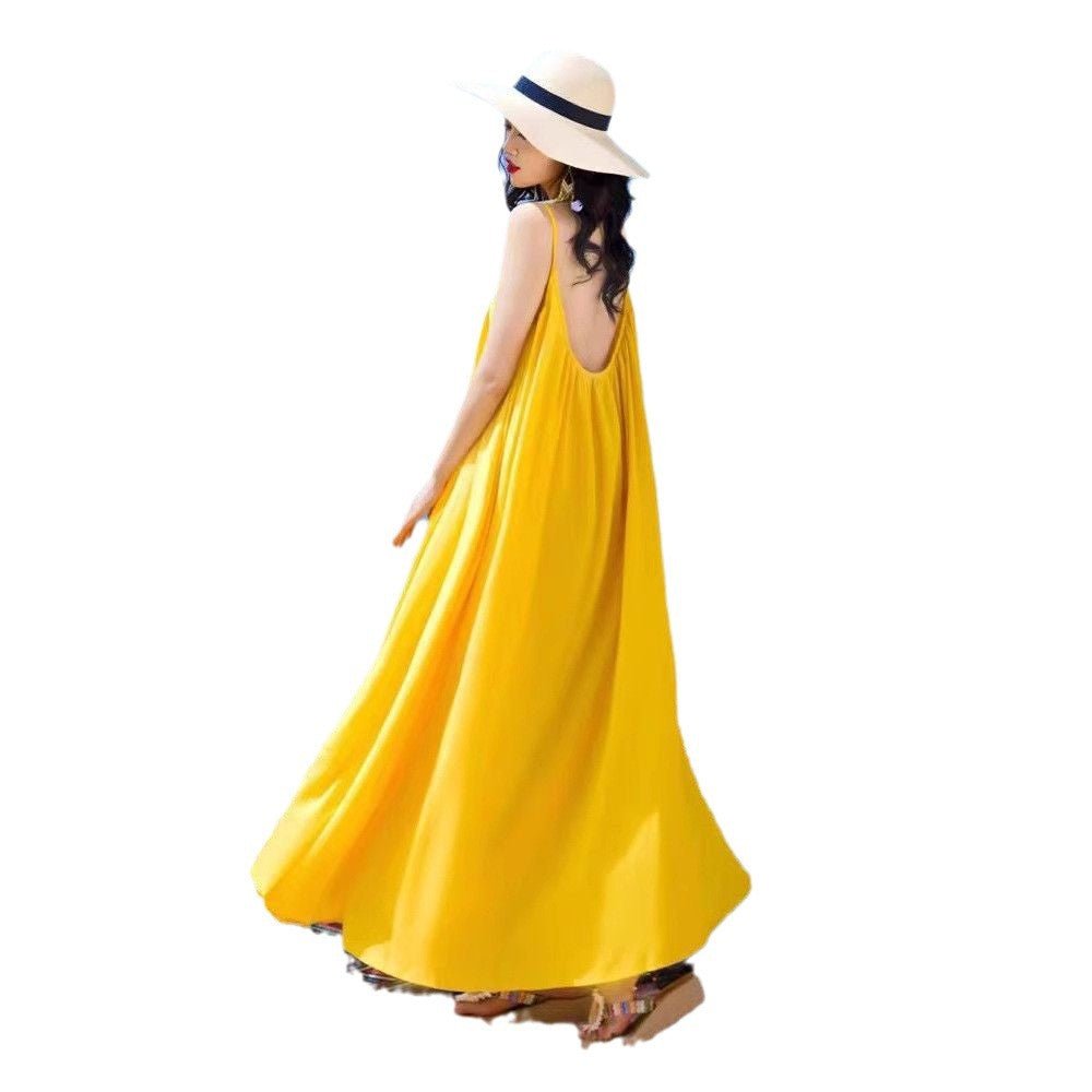 Hainan Sanya Photo Beach Dress Women's Summer Super Fairy Backless Long Dress Seaside Holiday Yellow dress - Cozy & Co. Market