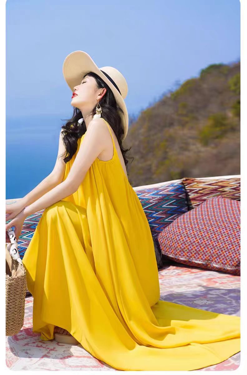 Hainan Sanya Photo Beach Dress Women's Summer Super Fairy Backless Long Dress Seaside Holiday Yellow dress - Cozy & Co. Market
