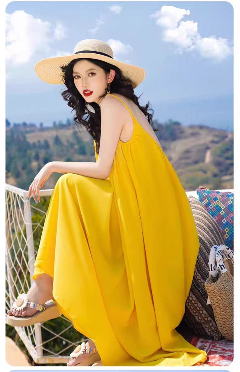 Hainan Sanya Photo Beach Dress Women's Summer Super Fairy Backless Long Dress Seaside Holiday Yellow dress - Cozy & Co. Market