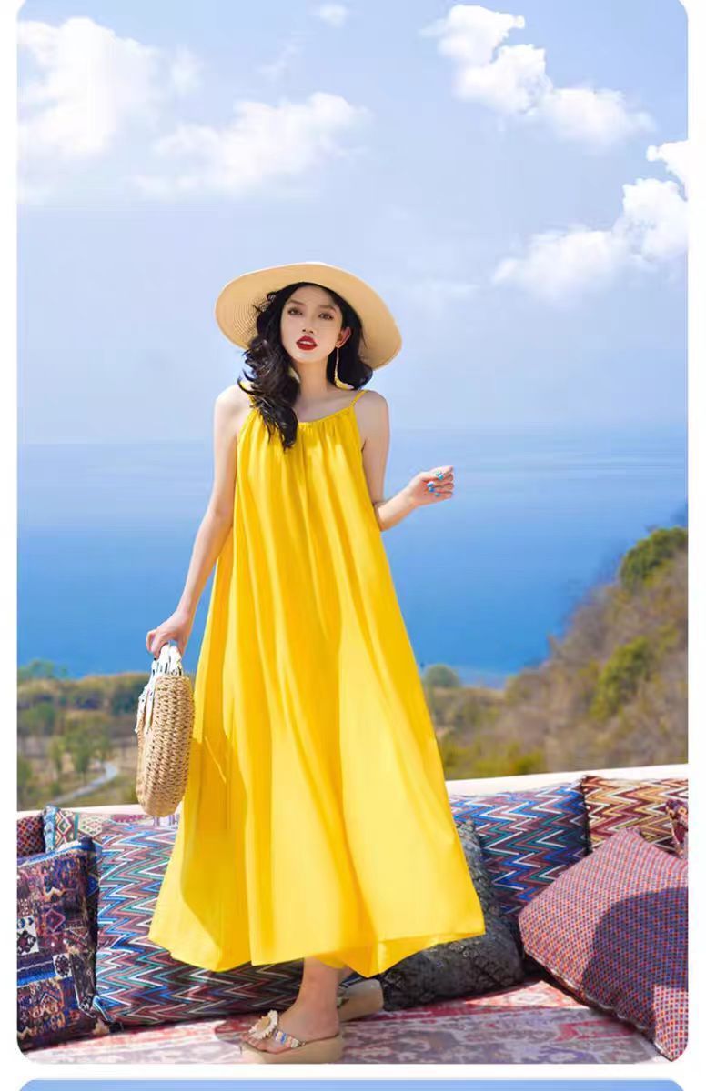 Hainan Sanya Photo Beach Dress Women's Summer Super Fairy Backless Long Dress Seaside Holiday Yellow dress - Cozy & Co. Market