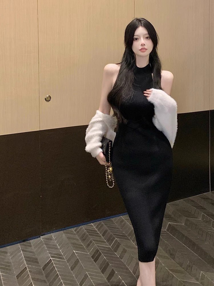 Hot Girl Dig Shoulder Sleeveless Hanging Neck Knitted dress Women's Tight Waist Sexy Base Skirt Inner Long Hip Skirt - Cozy & Co. Market