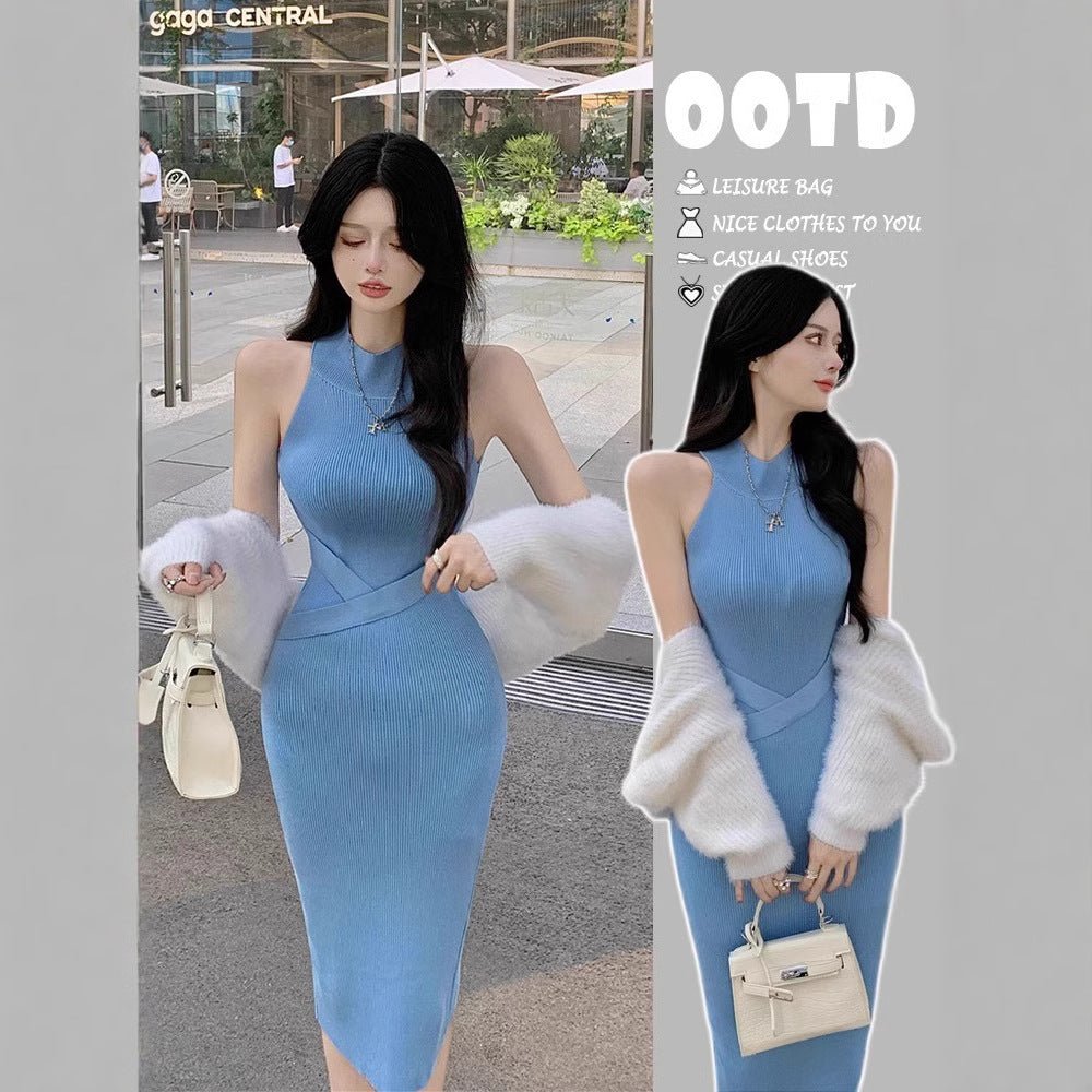Hot Girl Dig Shoulder Sleeveless Hanging Neck Knitted dress Women's Tight Waist Sexy Base Skirt Inner Long Hip Skirt - Cozy & Co. Market