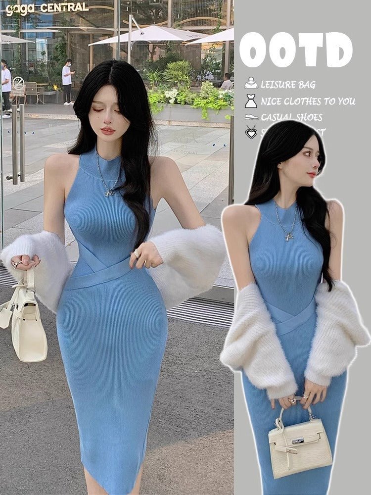 Hot Girl Dig Shoulder Sleeveless Hanging Neck Knitted dress Women's Tight Waist Sexy Base Skirt Inner Long Hip Skirt - Cozy & Co. Market