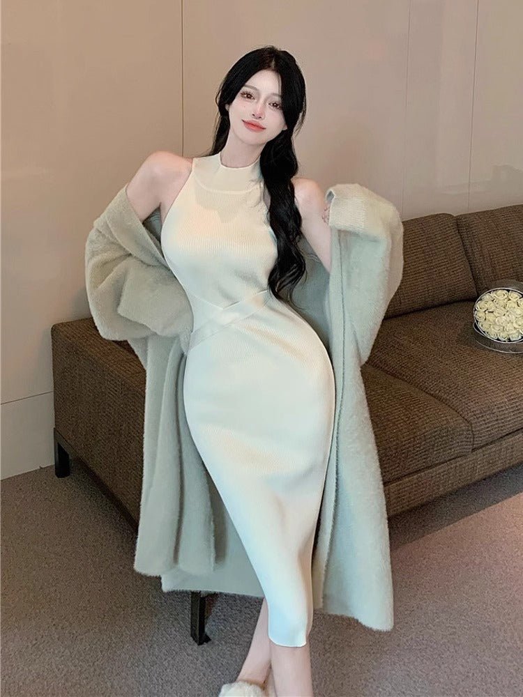 Hot Girl Dig Shoulder Sleeveless Hanging Neck Knitted dress Women's Tight Waist Sexy Base Skirt Inner Long Hip Skirt - Cozy & Co. Market