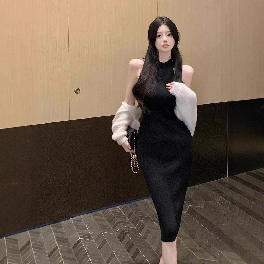 Hot Girl Dig Shoulder Sleeveless Hanging Neck Knitted dress Women's Tight Waist Sexy Base Skirt Inner Long Hip Skirt - Cozy & Co. Market