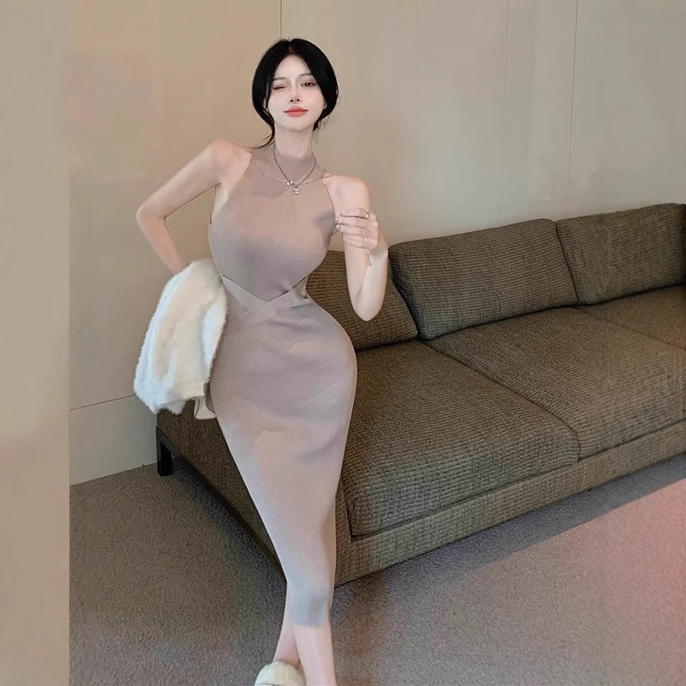 Hot Girl Dig Shoulder Sleeveless Hanging Neck Knitted dress Women's Tight Waist Sexy Base Skirt Inner Long Hip Skirt - Cozy & Co. Market