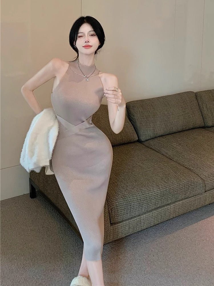 Hot Girl Dig Shoulder Sleeveless Hanging Neck Knitted dress Women's Tight Waist Sexy Base Skirt Inner Long Hip Skirt - Cozy & Co. Market
