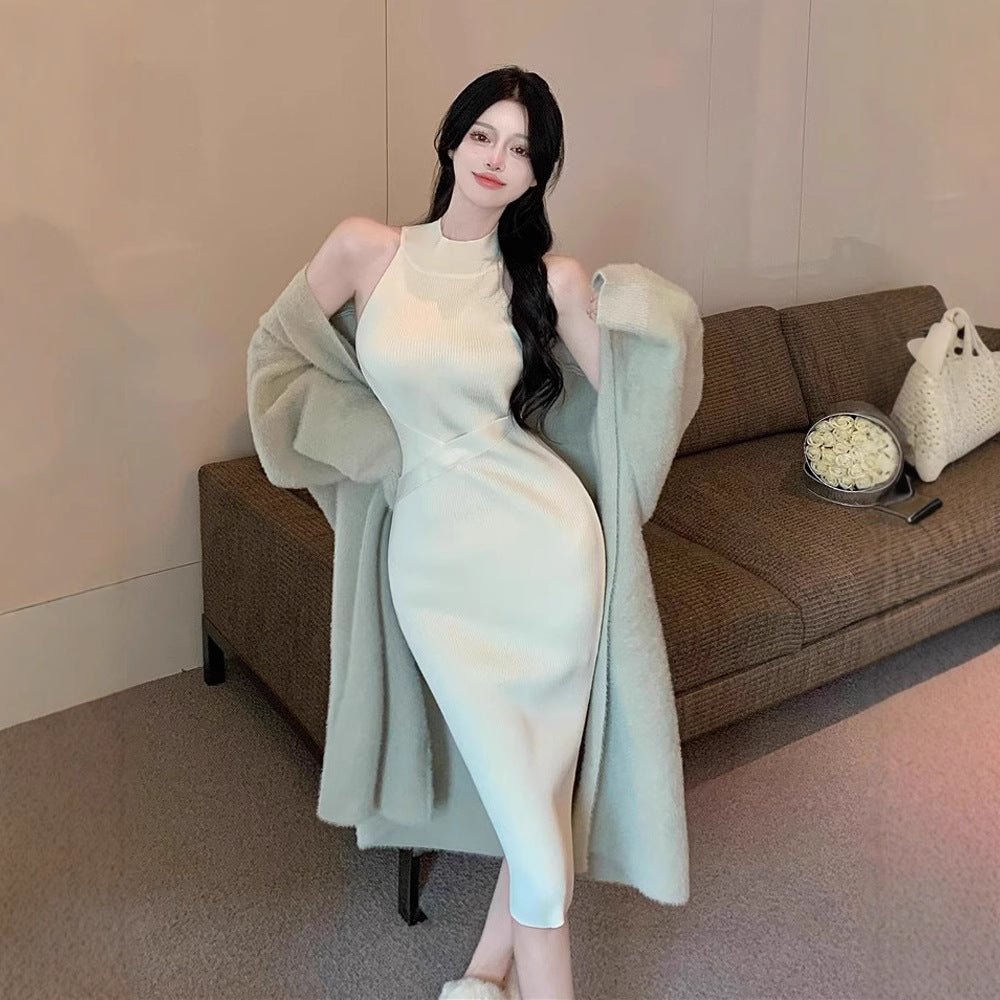 Hot Girl Dig Shoulder Sleeveless Hanging Neck Knitted dress Women's Tight Waist Sexy Base Skirt Inner Long Hip Skirt - Cozy & Co. Market