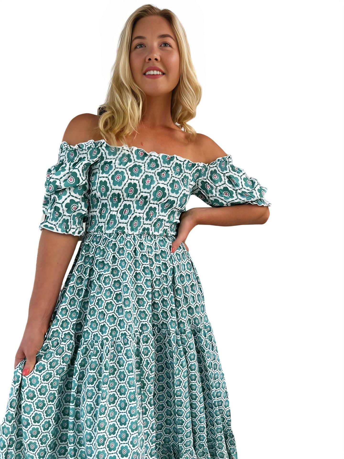 in stock 25 Years of European and American Foreign Trade Amazon New Cross-border Women's Printed Bubble Sleeve dress -68602 - Cozy & Co. Market