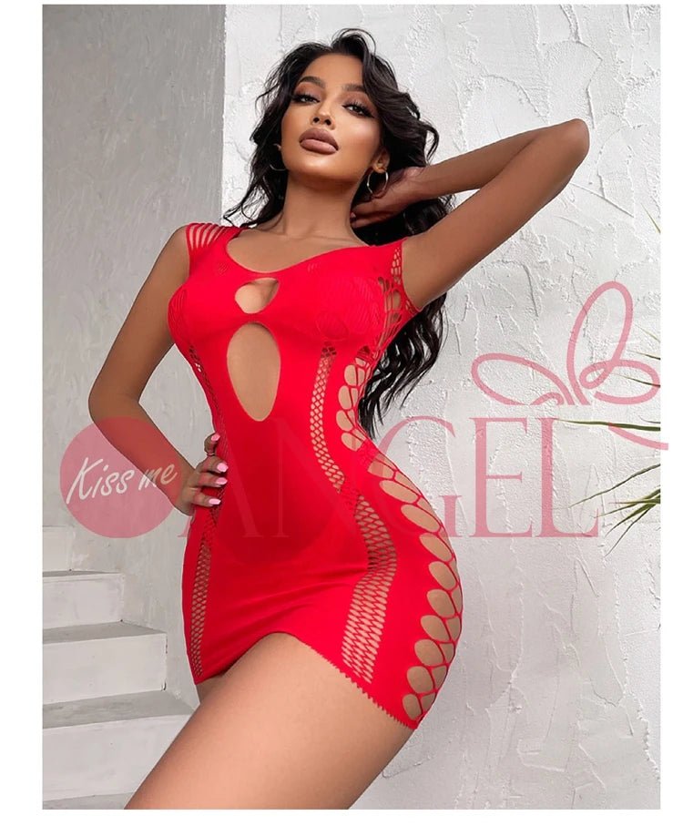 KISS ME ANGEL Erotic Black Blue Red Pantyhose Dress Hollow Out Fishnet Bodystocking Lingerie Set - Cozy & Co. Market