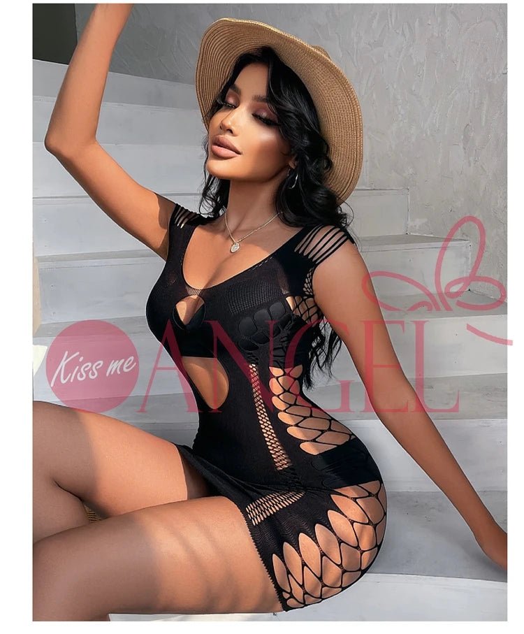 KISS ME ANGEL Erotic Black Blue Red Pantyhose Dress Hollow Out Fishnet Bodystocking Lingerie Set - Cozy & Co. Market