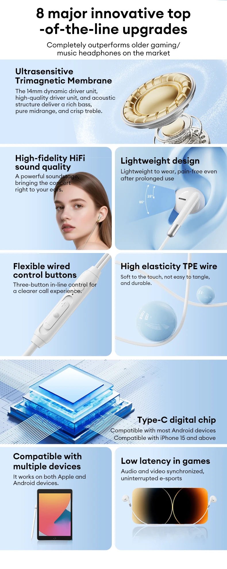 Lenovo Wired Earphones Gaming Headset Low Latency Headphones TypeC 3.5mm AUX In-Ear Earbuds with Mic For iPhone 16 17 New Y106 - Cozy & Co. Market