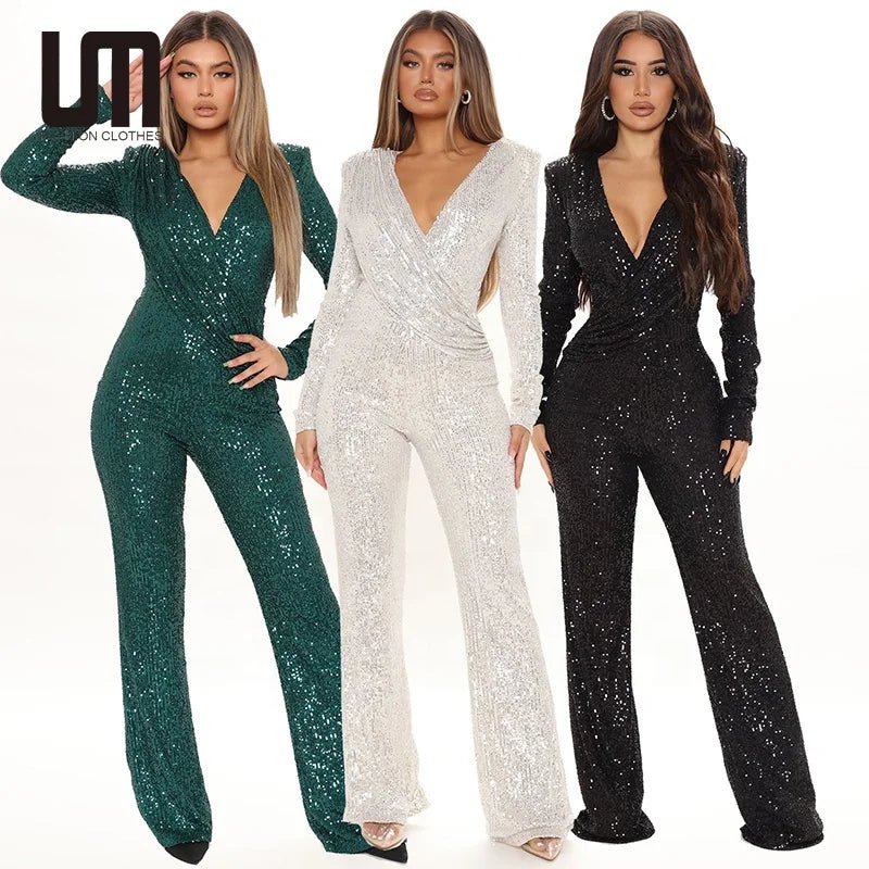 Liu Ming New Arrivals Women Sexy V Neck Tight Nightclub Bodysuit Sequin Jumpsuit - Cozy & Co. Market