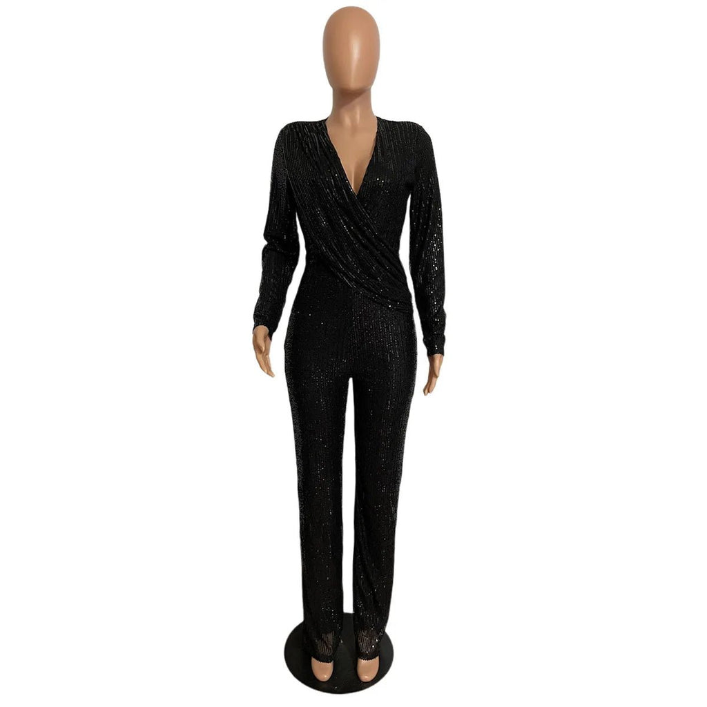 Liu Ming New Arrivals Women Sexy V Neck Tight Nightclub Bodysuit Sequin Jumpsuit - Cozy & Co. Market