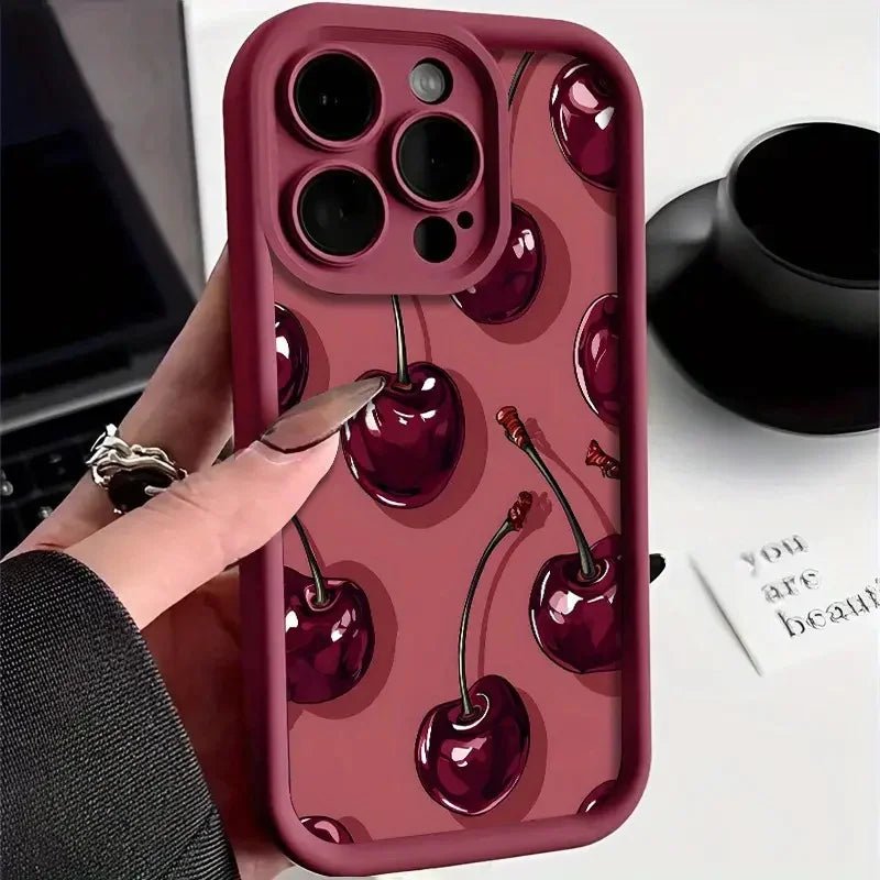 Luxury Wine Red Cherry Print Case for IPhone 16 15 17 Air 14 13 12 11 Pro Max 16 Plus Shockproof Silicone Phone Cover - Cozy & Co. Market