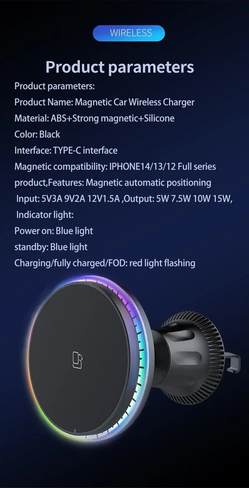 Magnetic Car Wireless Charger RGB For iPhone12 13 14 15 16 17 Pro Max Macsafe Car Phone Holder Stand Mount Fast Charging Station - Cozy & Co. Market