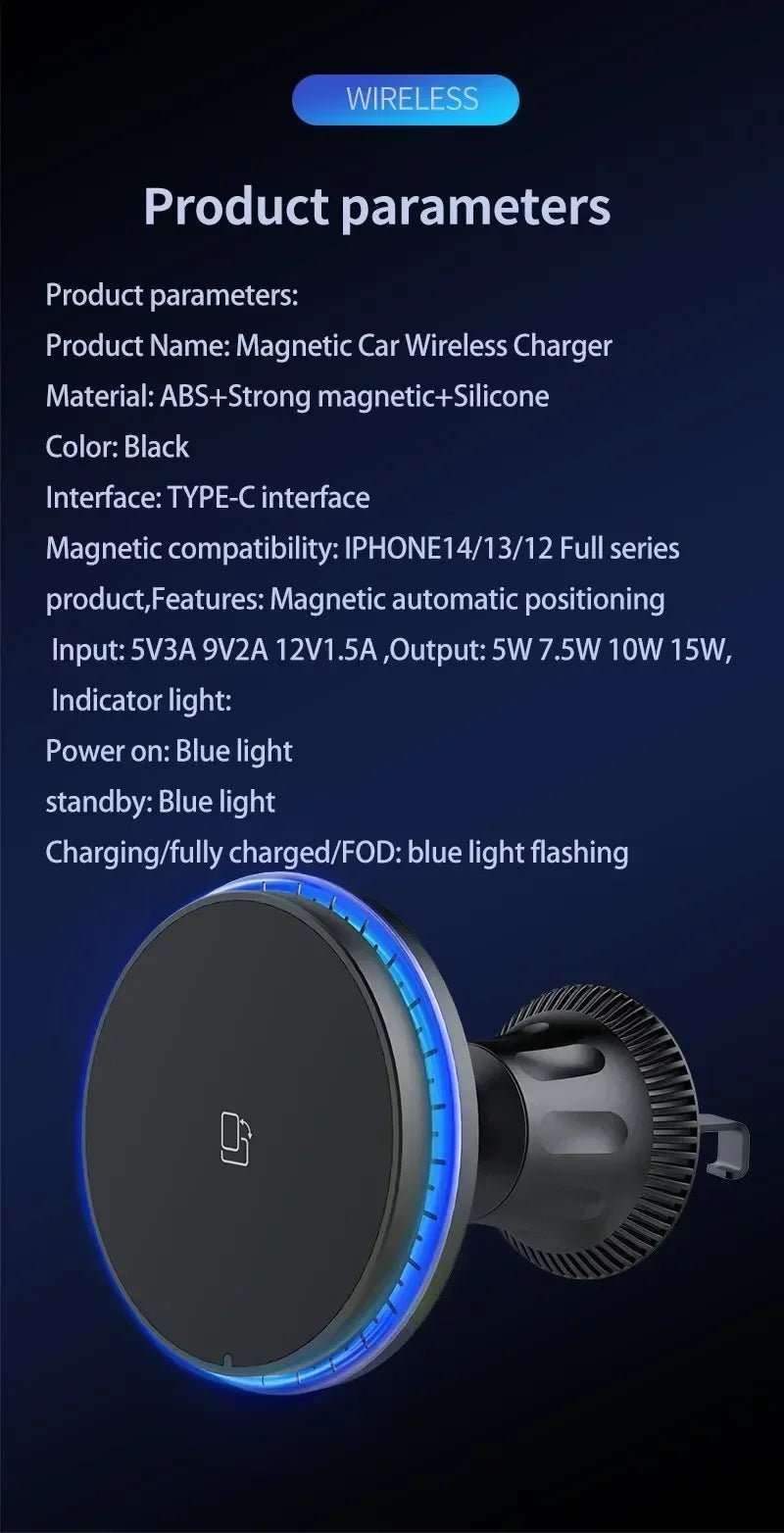 Magnetic Car Wireless Charger RGB For iPhone12 13 14 15 16 17 Pro Max Macsafe Car Phone Holder Stand Mount Fast Charging Station - Cozy & Co. Market