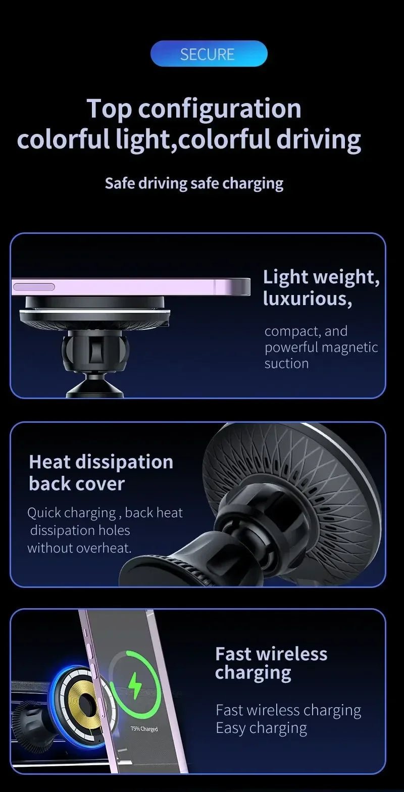 Magnetic Car Wireless Charger RGB For iPhone12 13 14 15 16 17 Pro Max Macsafe Car Phone Holder Stand Mount Fast Charging Station - Cozy & Co. Market