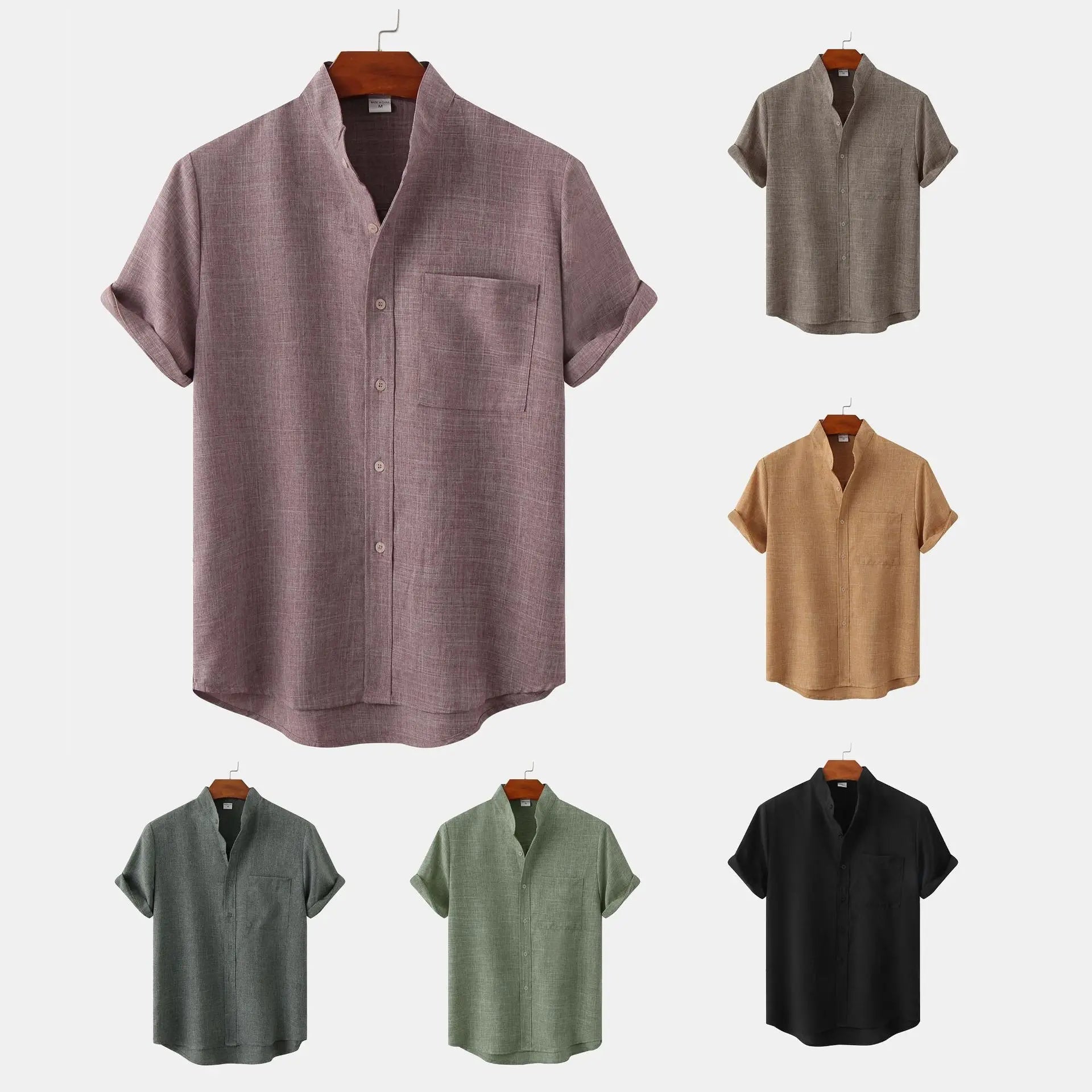 Men's Summer Fashion Solid Color Casual Shirt with Stand Collar Short Sleeve Cotton Linen Breathable Knitted Top Pocket T-Shirt - Cozy & Co. Market