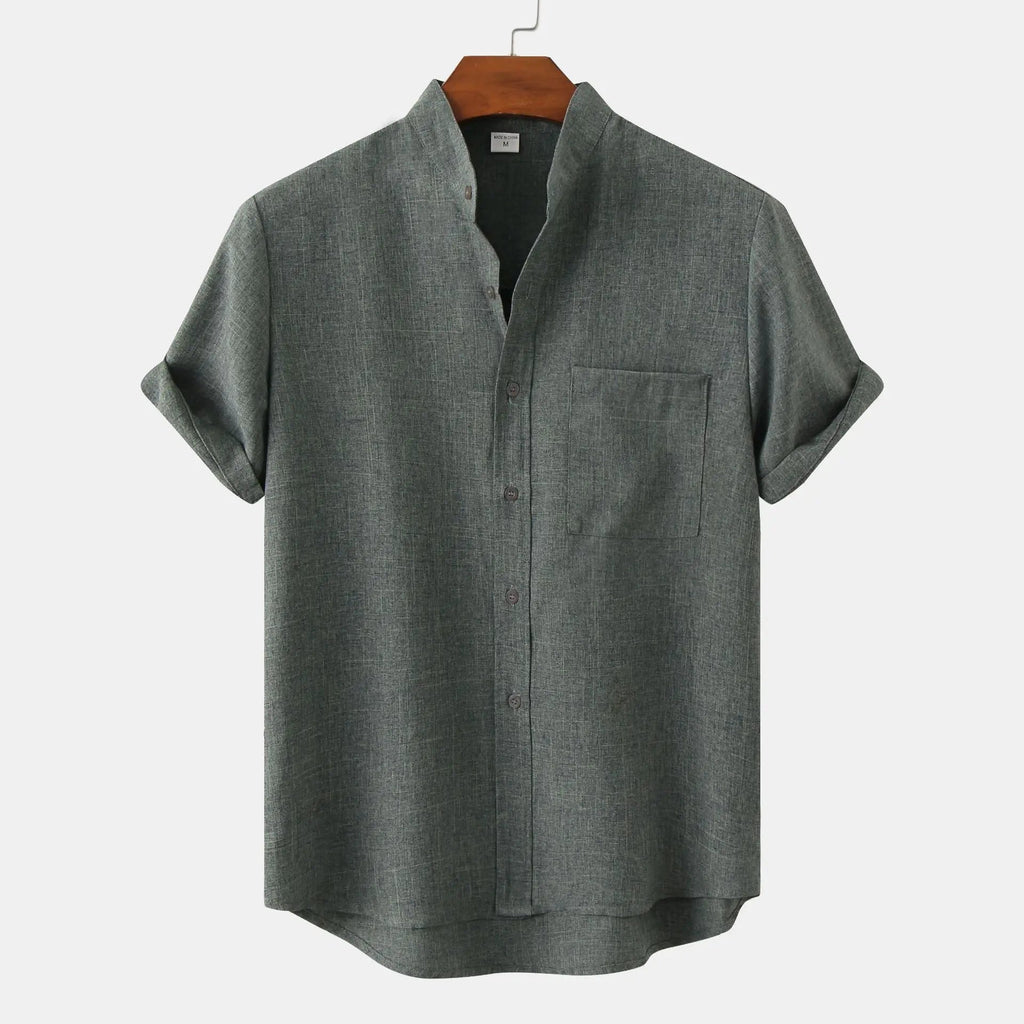 Men's Summer Fashion Solid Color Casual Shirt with Stand Collar Short Sleeve Cotton Linen Breathable Knitted Top Pocket T-Shirt - Cozy & Co. Market