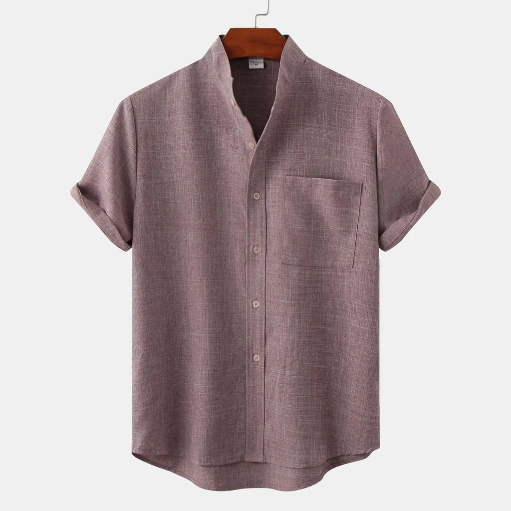 Men's Summer Fashion Solid Color Casual Shirt with Stand Collar Short Sleeve Cotton Linen Breathable Knitted Top Pocket T-Shirt - Cozy & Co. Market