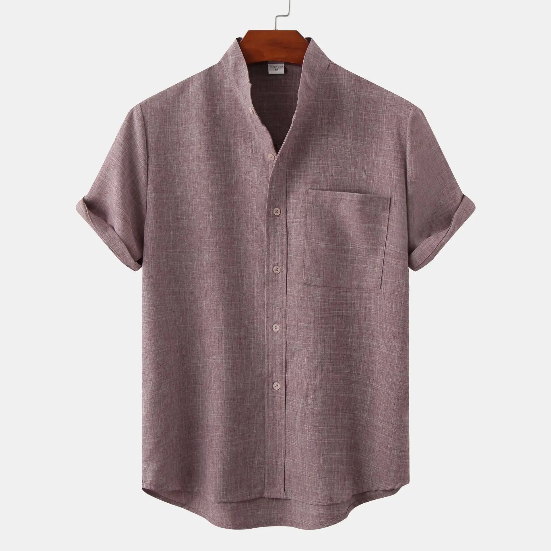 Men's Summer Fashion Solid Color Casual Shirt with Stand Collar Short Sleeve Cotton Linen Breathable Knitted Top Pocket T-Shirt - Cozy & Co. Market