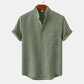 Men's Summer Fashion Solid Color Casual Shirt with Stand Collar Short Sleeve Cotton Linen Breathable Knitted Top Pocket T-Shirt - Cozy & Co. Market