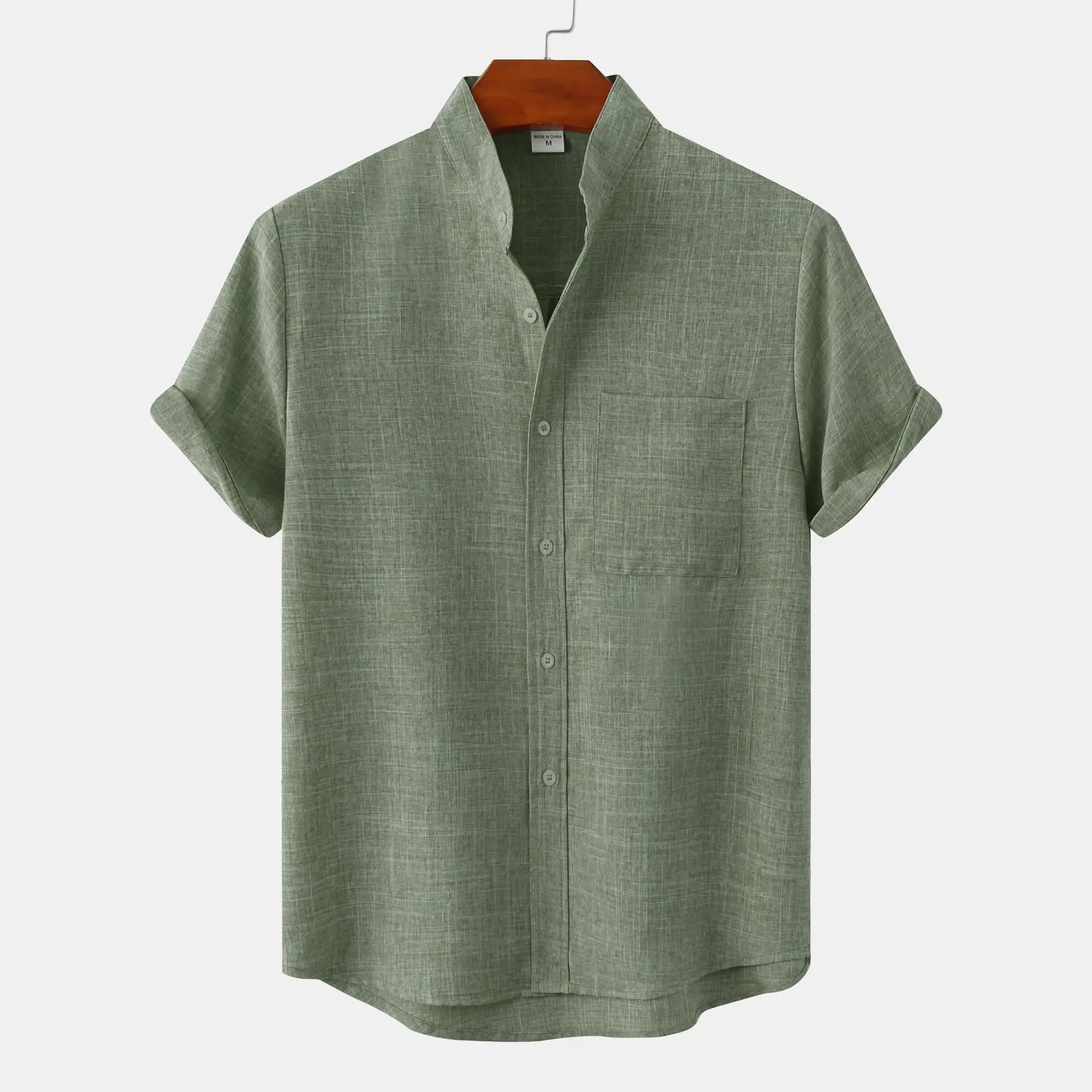 Men's Summer Fashion Solid Color Casual Shirt with Stand Collar Short Sleeve Cotton Linen Breathable Knitted Top Pocket T-Shirt - Cozy & Co. Market