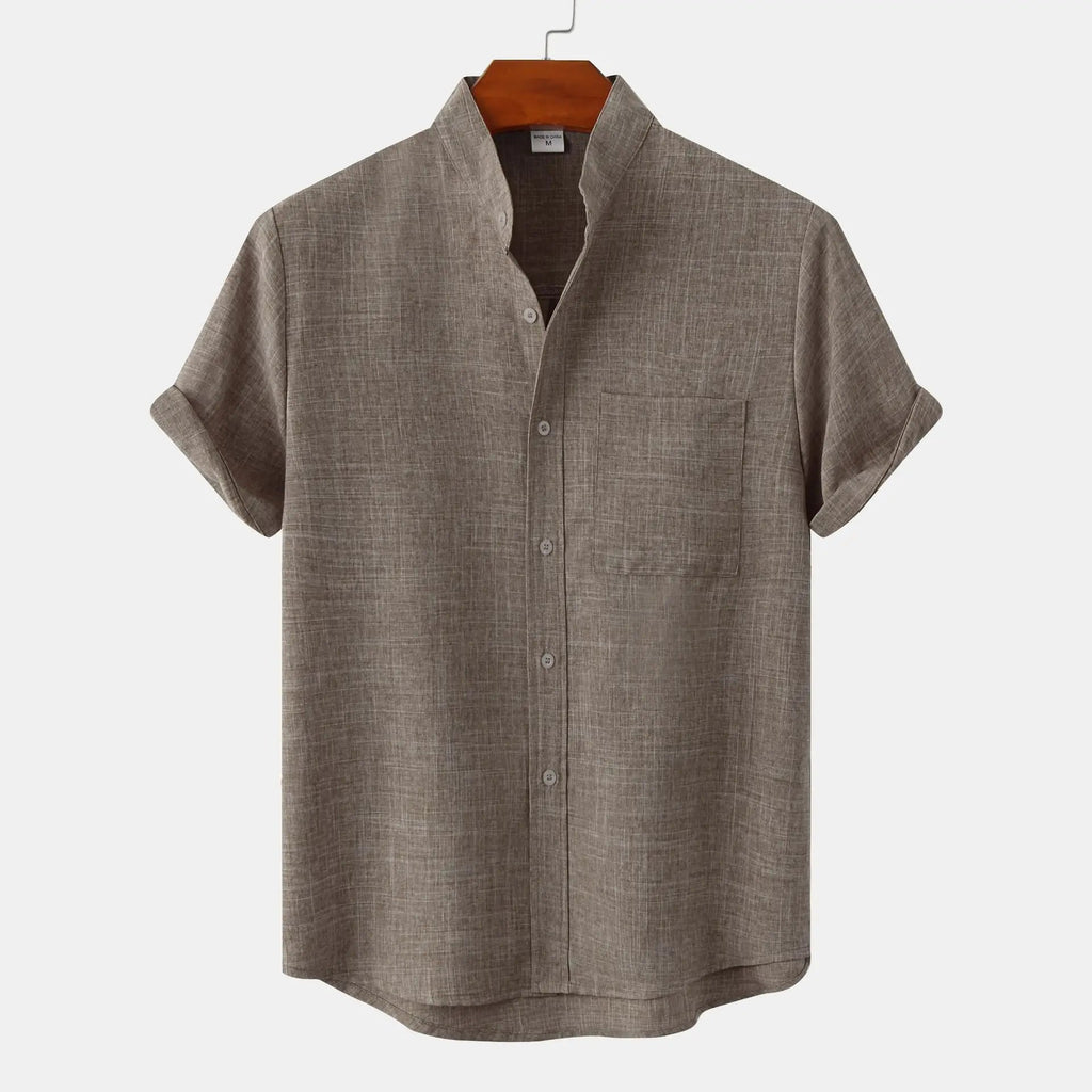 Men's Summer Fashion Solid Color Casual Shirt with Stand Collar Short Sleeve Cotton Linen Breathable Knitted Top Pocket T-Shirt - Cozy & Co. Market