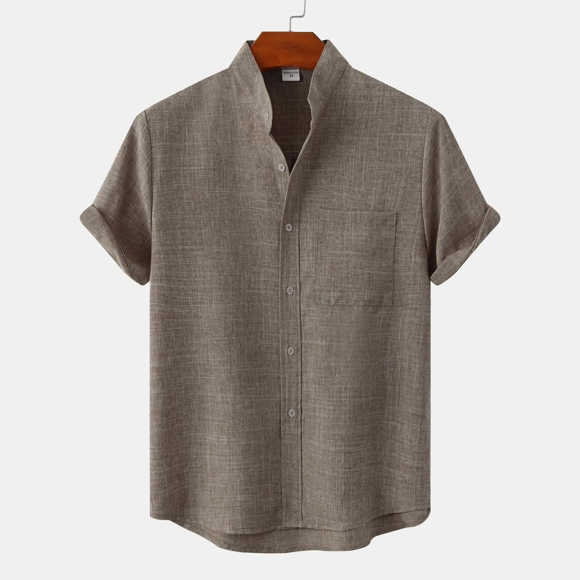 Men's Summer Fashion Solid Color Casual Shirt with Stand Collar Short Sleeve Cotton Linen Breathable Knitted Top Pocket T-Shirt - Cozy & Co. Market