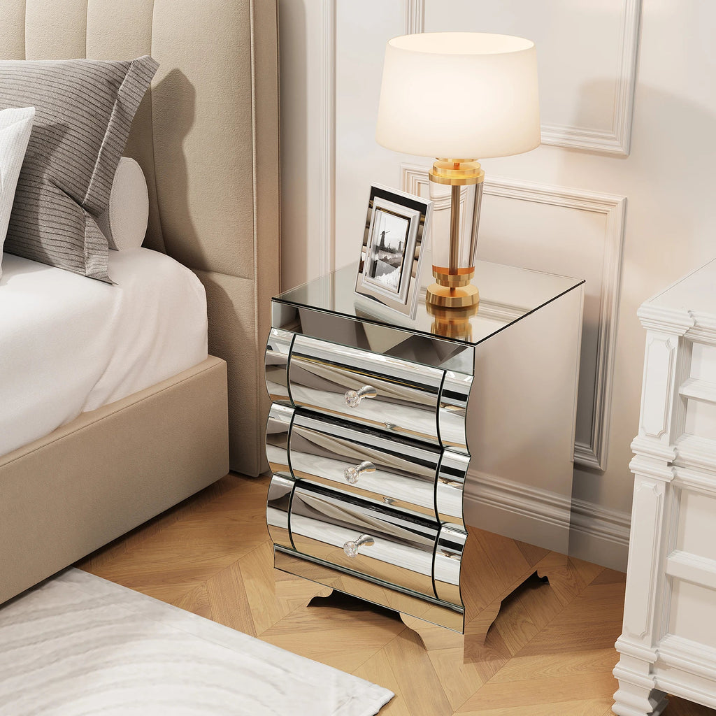 Modern Baked Curved Mirror Nightstand with 3 Drawers Glass Wood Bedroom Furniture for Small Spaces Home Silver - Cozy & Co. Market