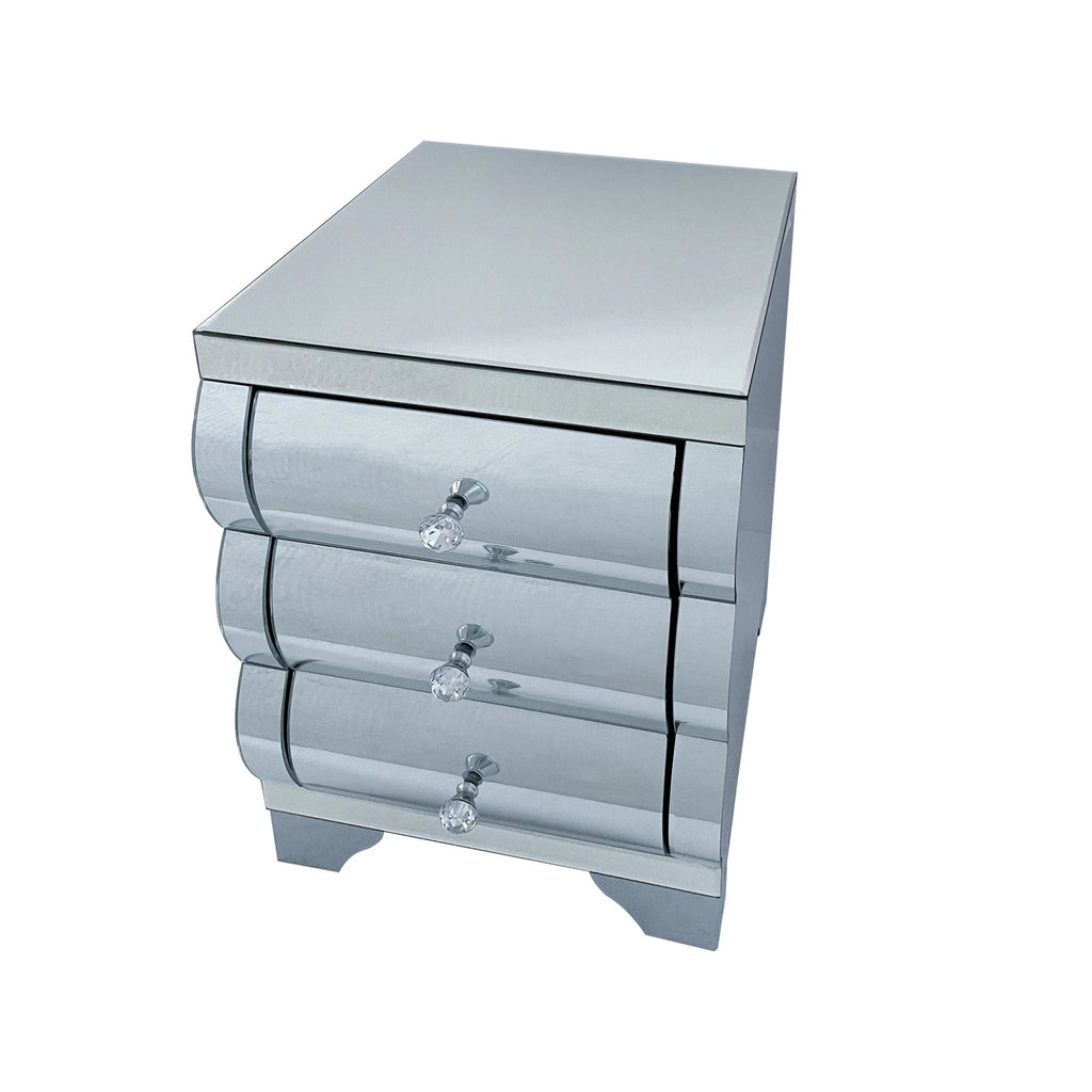 Modern Baked Curved Mirror Nightstand with 3 Drawers Glass Wood Bedroom Furniture for Small Spaces Home Silver - Cozy & Co. Market